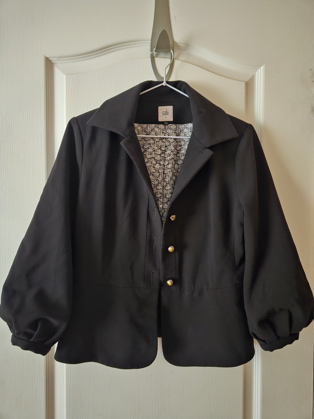 CAbi Black Blazer with Puff Sleeves and Gold Buttons